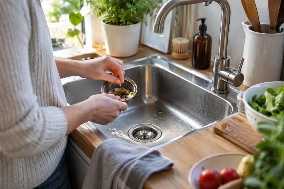 Küchenspüle mit langsam ablaufendem Wasser und herausnehmbarem Abflusssieb in einer Lüneburger Wohnung