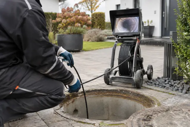 Inspektionskamera und Monitor bei der Untersuchung einer zugänglichen Abwasserleitung vor einem Wohnhaus