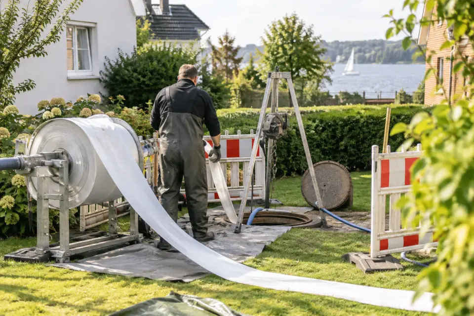 Vorbereitung eines harzgetränkten Sanierungsschlauchs an einem zugänglichen Revisionsschacht im Garten